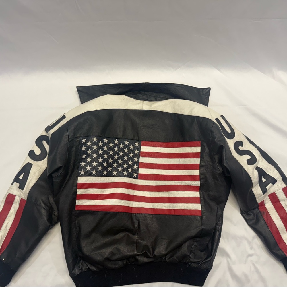 Michael Hoban Black and White Bomber Jacket with American Flag